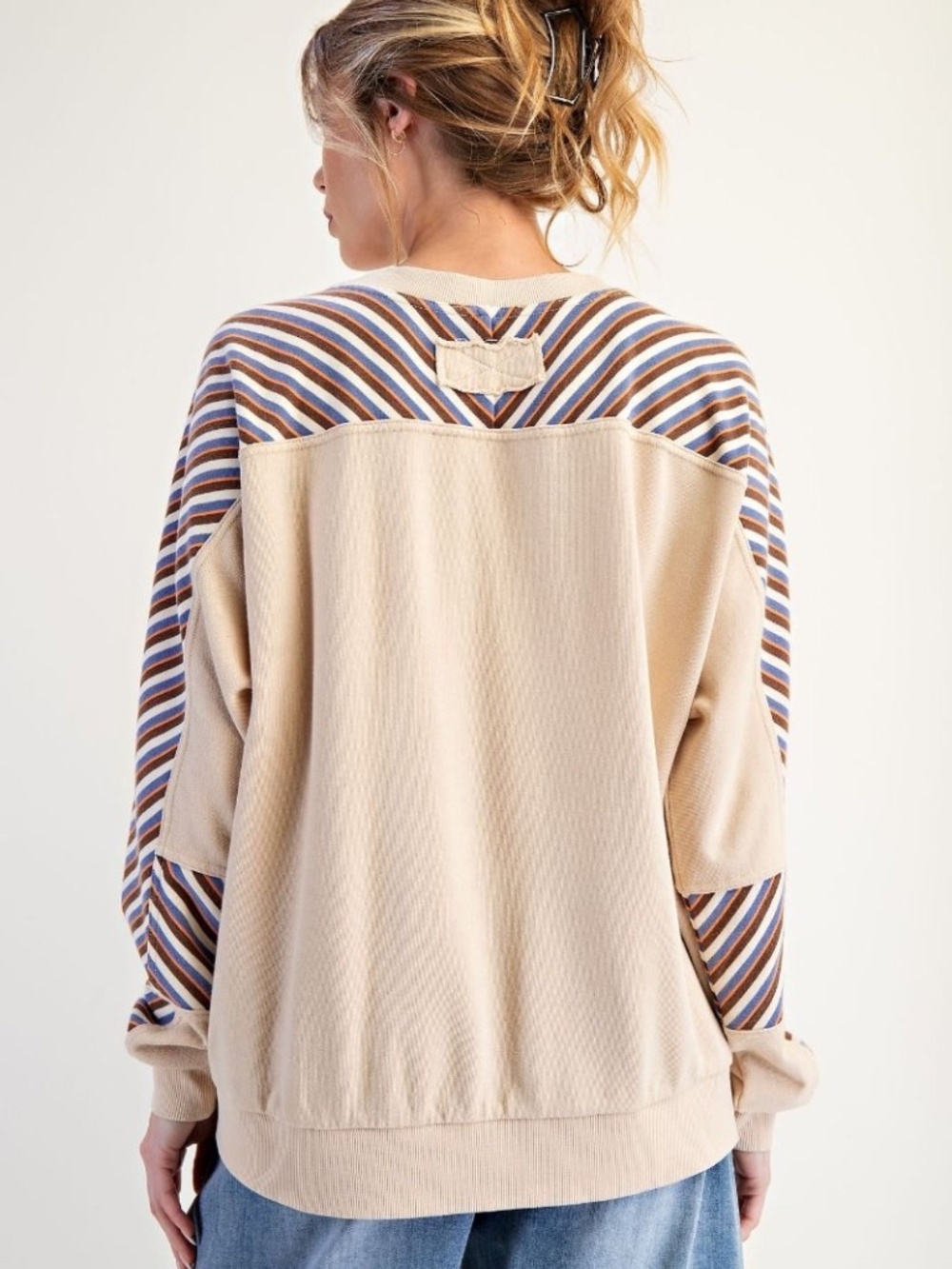 NEW Easel Mineral Washed Bow Striped Sleeve Pullover Top Sweatshirt Tan Khaki - Picture 4 of 8